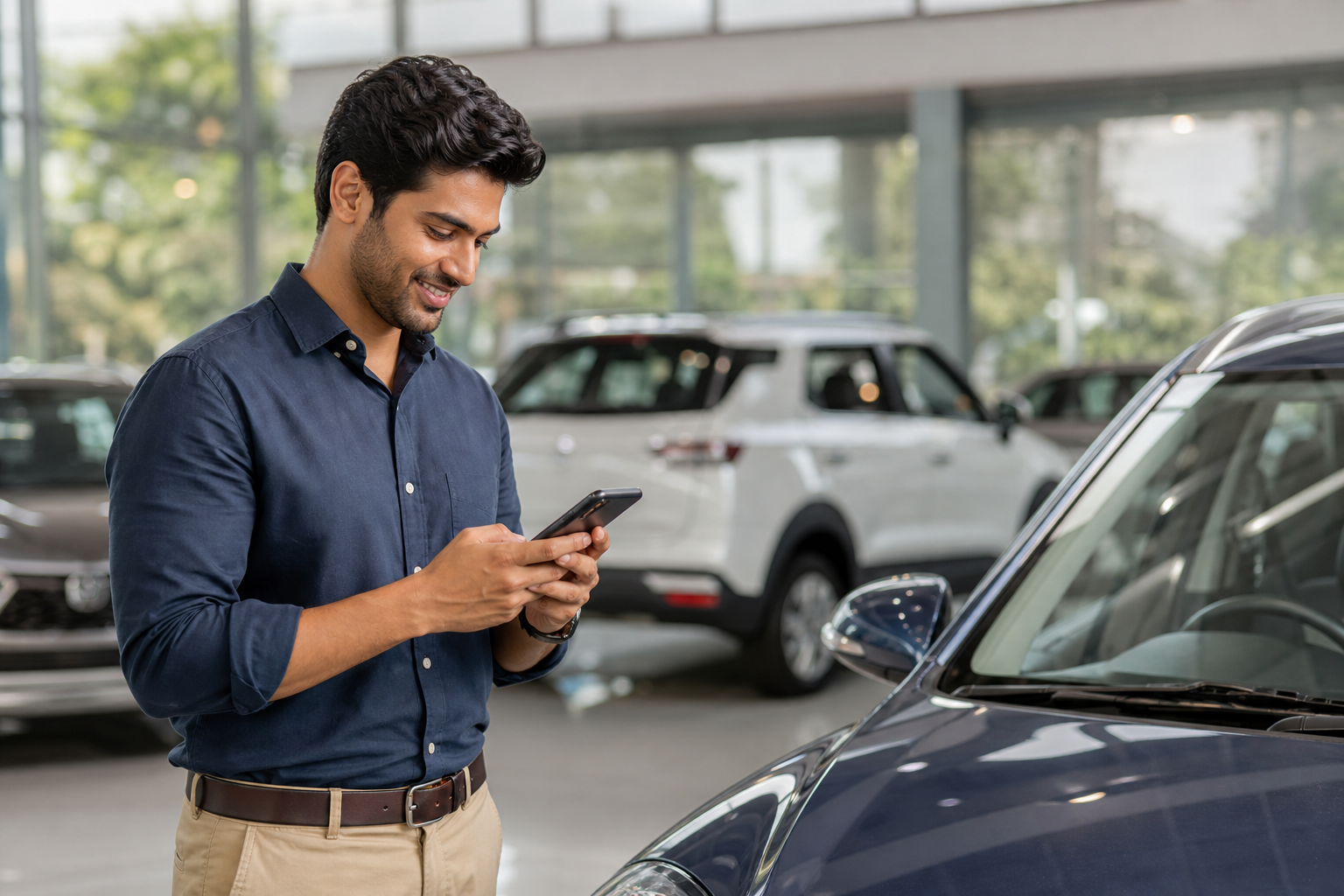 Customer browsing used cars on a phone in the Cars99 showroom