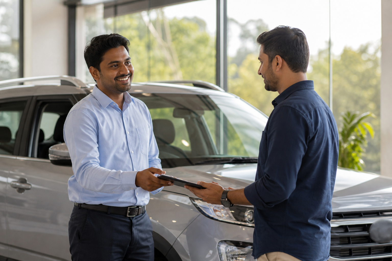 Customer booking a test drive with a Cars99 advisor beside an SUV