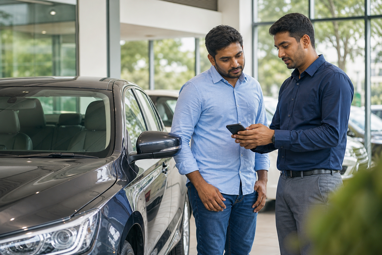 Customer and Cars99 staff inspecting a used car together
