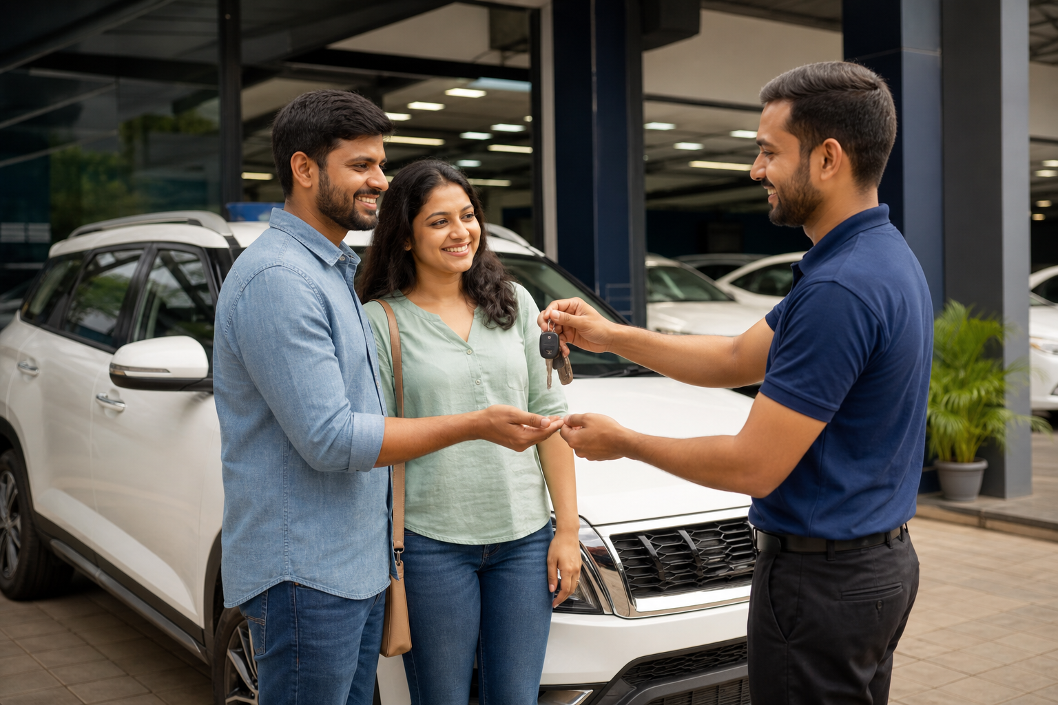 Customer receiving car keys after purchase at Cars99